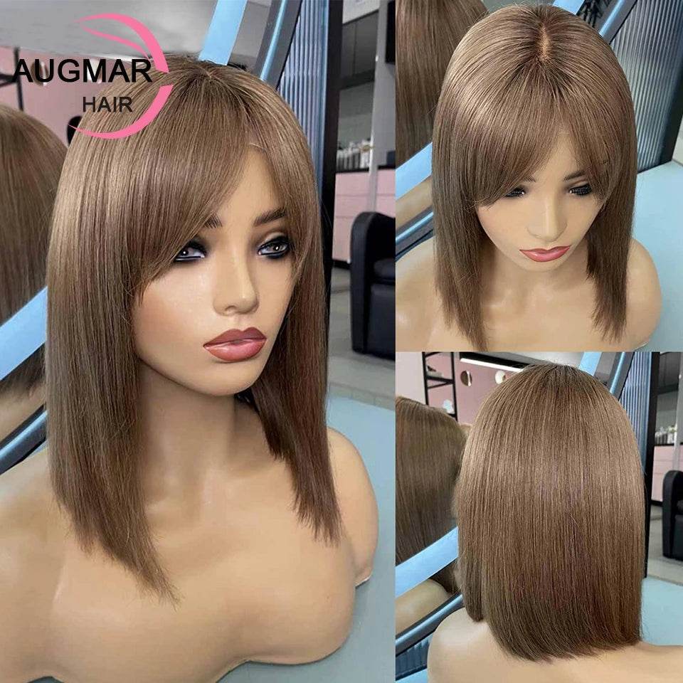 13x6 Chestnut Brown Bob Hair Wig Human Hair Lace Frontal Wig With Bangs Brazilian 13x4 Short Straight Lace Front Wigs For Women - AIAZ