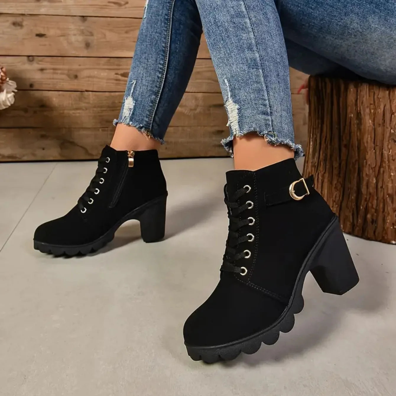 Women Boots Autumn Winter High Quality Boots Lace-up High Heels Shoes for Women Outdoor Fashion Anti-slip Boots Botas De Mujer
