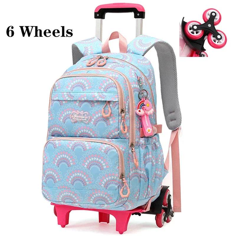 Rolling School Bags for Girls Backpack Children Waterproof School Backpacks with Wheels Middle School Trolley Luggage Back Pack - AIAZ