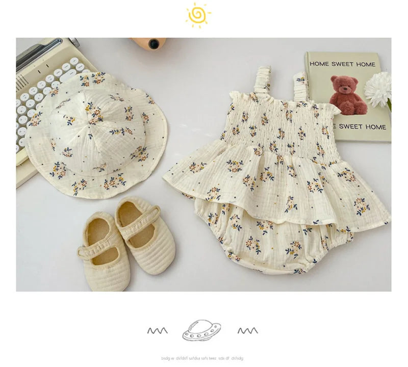 2PCS Summer Linen Floral Infant Newborn Baby Girls Bodysuit Active Floral Babe Camisole One Piece Tutu Dress With Hat Set