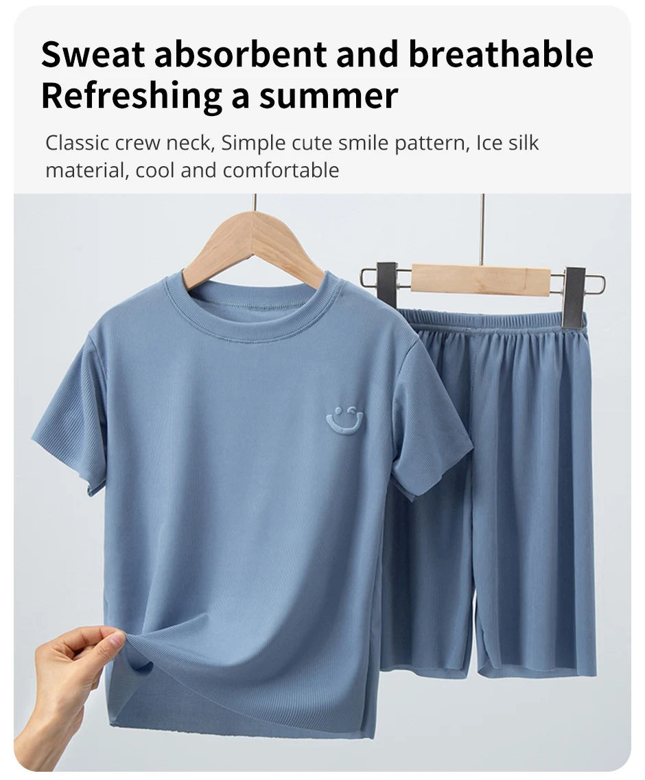 2/4 Pieces Children's Summer Thin Short-sleeved Shorts Ice Silk Suit Boys and Girls Casual Joker Home Clothes 2-piece Suit.