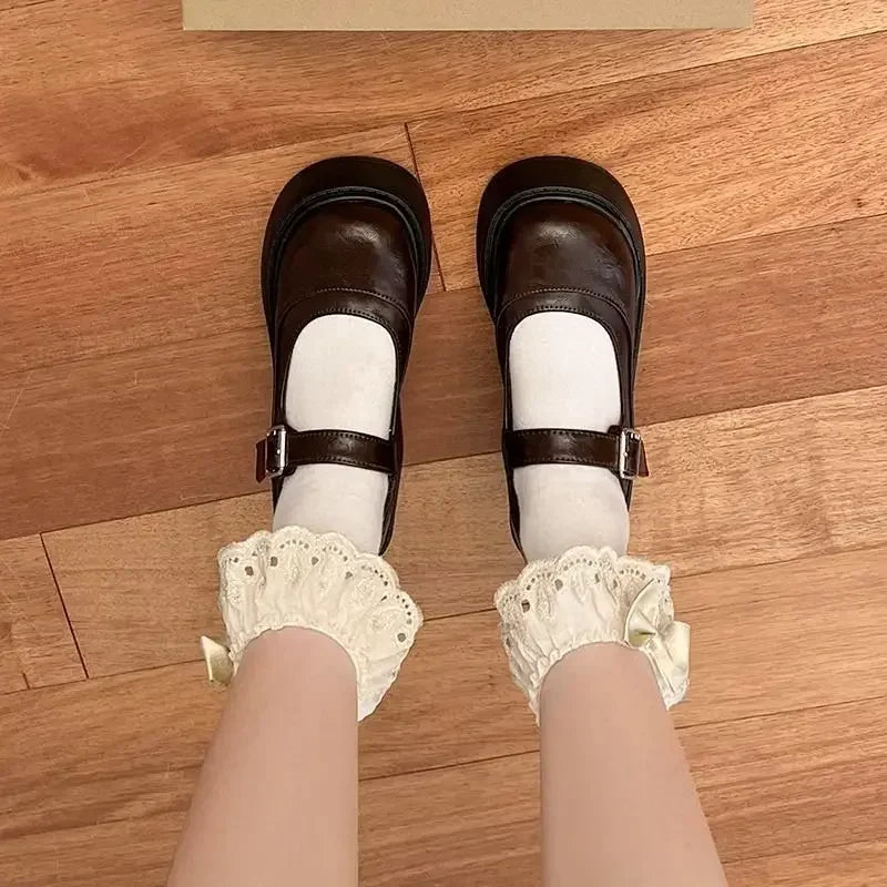Brown Retro French Thick Heel Mary Janes Women's Shoes Spring 2025 New Style Heightening Flat Mouth High Heels Loafers Shoes