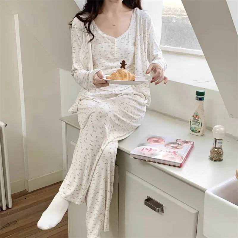 Three-Piece Pajama Set for Women Floral Lace Sweet Cardigan Camisole Homewear Long Sleeves Long Pants Fancy Underwear Ladies - AIAZ