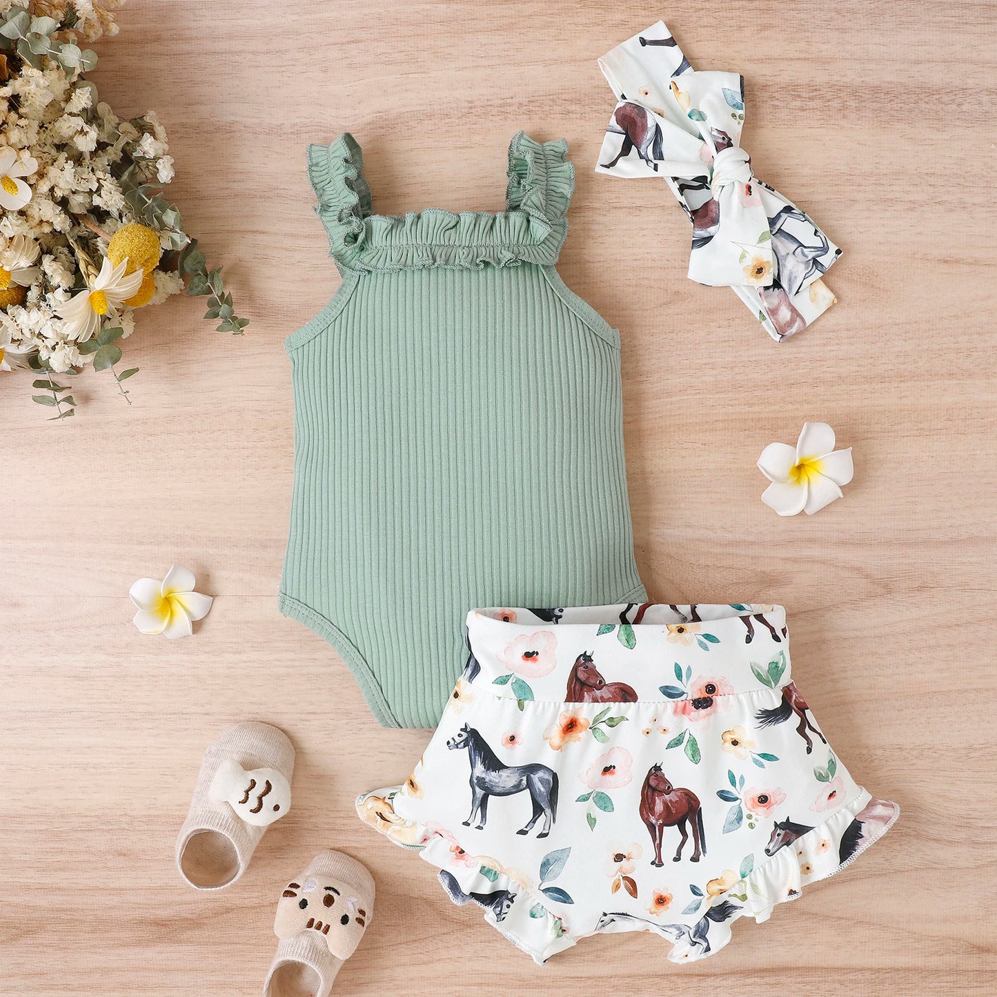 Citgeett Summer Infant Baby Girl Pants Suit Casual Party Off Shoulder Romper Tops + Print Short Pants + HeadBand