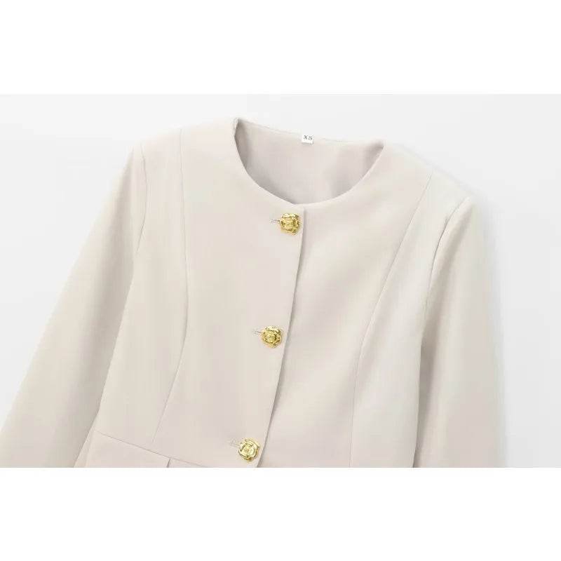 Women's Suit Set Business Formal Blazer & Pants Gold Button Jacket High Waist Straight Leg Office Wear Spring Wrinkle-Resistant - AIAZ