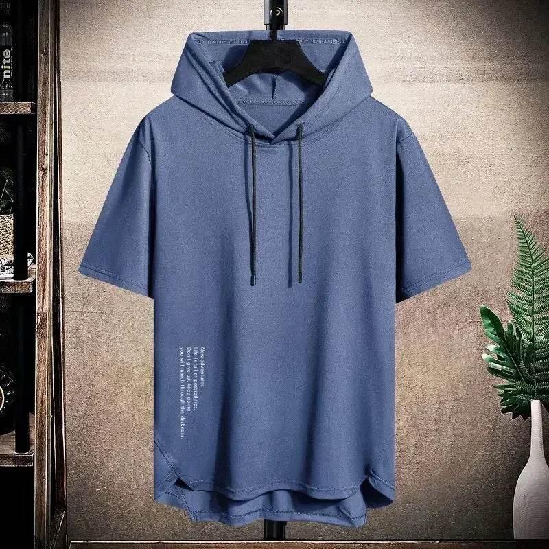 2025 Men's Summer Hoodies T-shirts Short Sleeve Solid Color Loose Hooded Drawstring Pullover Tops Basic Tees for Daily Wear Male - AIAZ