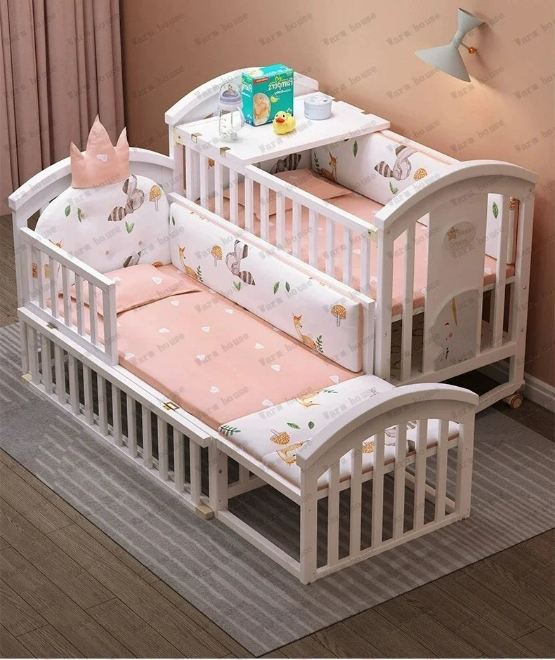 Solid wood spliced crib Multifunctional European style children's bed Movable newborn cradle large bed Baby Rest Chair