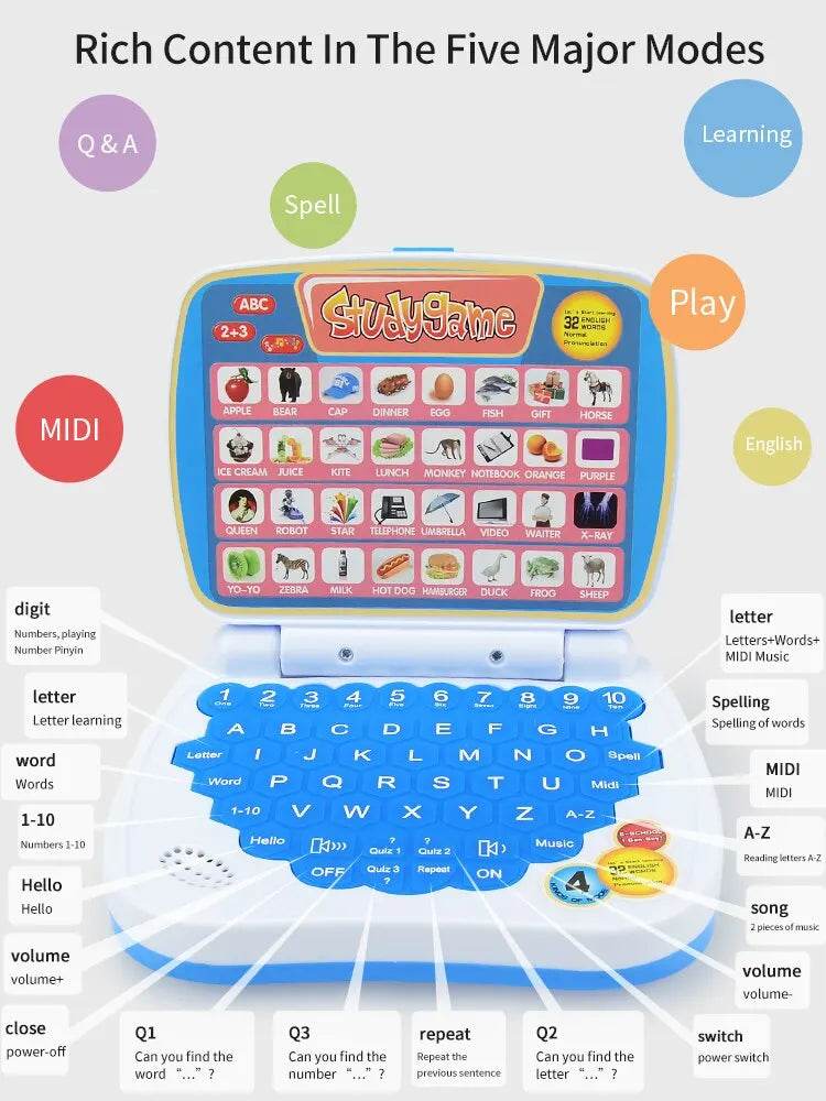 English Learning Small Laptop Toy for Kids 2-3 Years. Boys and Girls Computer for Aphabet ABC.Numbers.Words.Spelling.Maths.Music - AIAZ