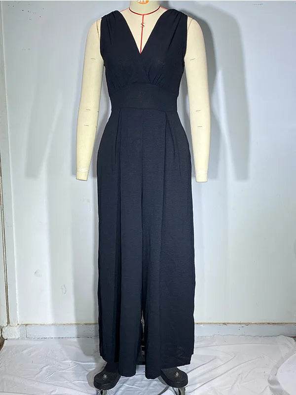 Jumpsuit Women Summer New Sleeveless Sexy Deep V-neck Solid Color High Waist Wide Leg Jumpsuits Elegant Commuting Lady Playsuits - AIAZ