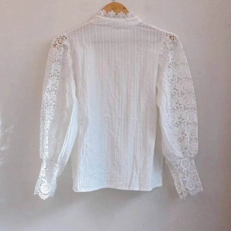 Women's Summer Lace Shirt Button White Top Fashionable Casual Top for Spring Autumn4107 - AIAZ