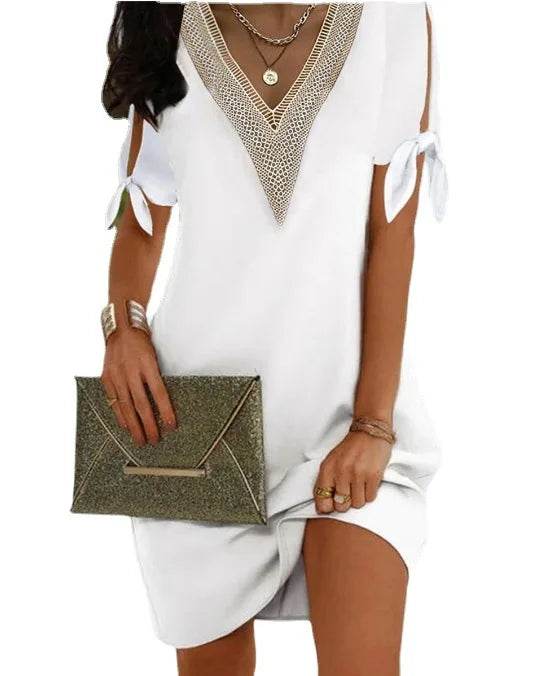 Elegant Dresses For Women V Neck Off Shoulder Patchwork Design Casual Office Lady Mini Dress White Loose Beach Holiday Dress y2k - AIAZ