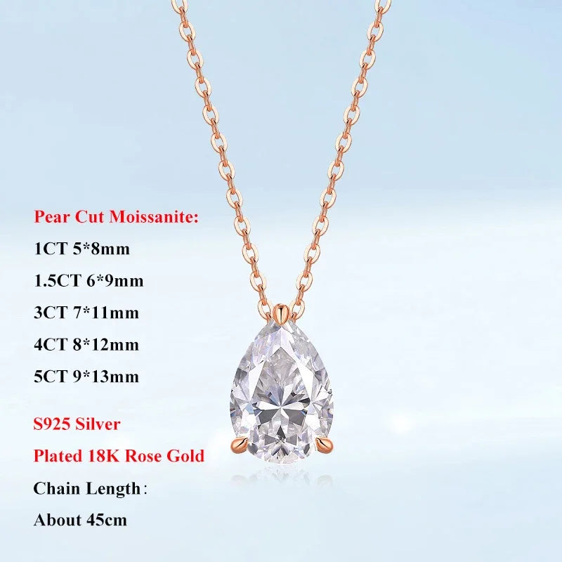 EWYA Solitaire Pear Cut 1-5CT D Color Moissanite Diamond Pendant for Women 925 Silver Plated 18k Rose Gold Chain Necklace GRA