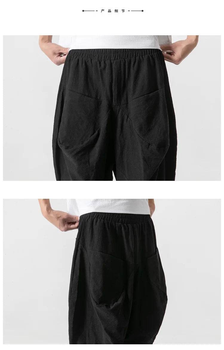 2025 Men Linen Pants Mens Wide Crotch Harem Pants Man Chinese Style Ankle-Length Pants Male Wide-Legged Bloomers Trousers - AIAZ