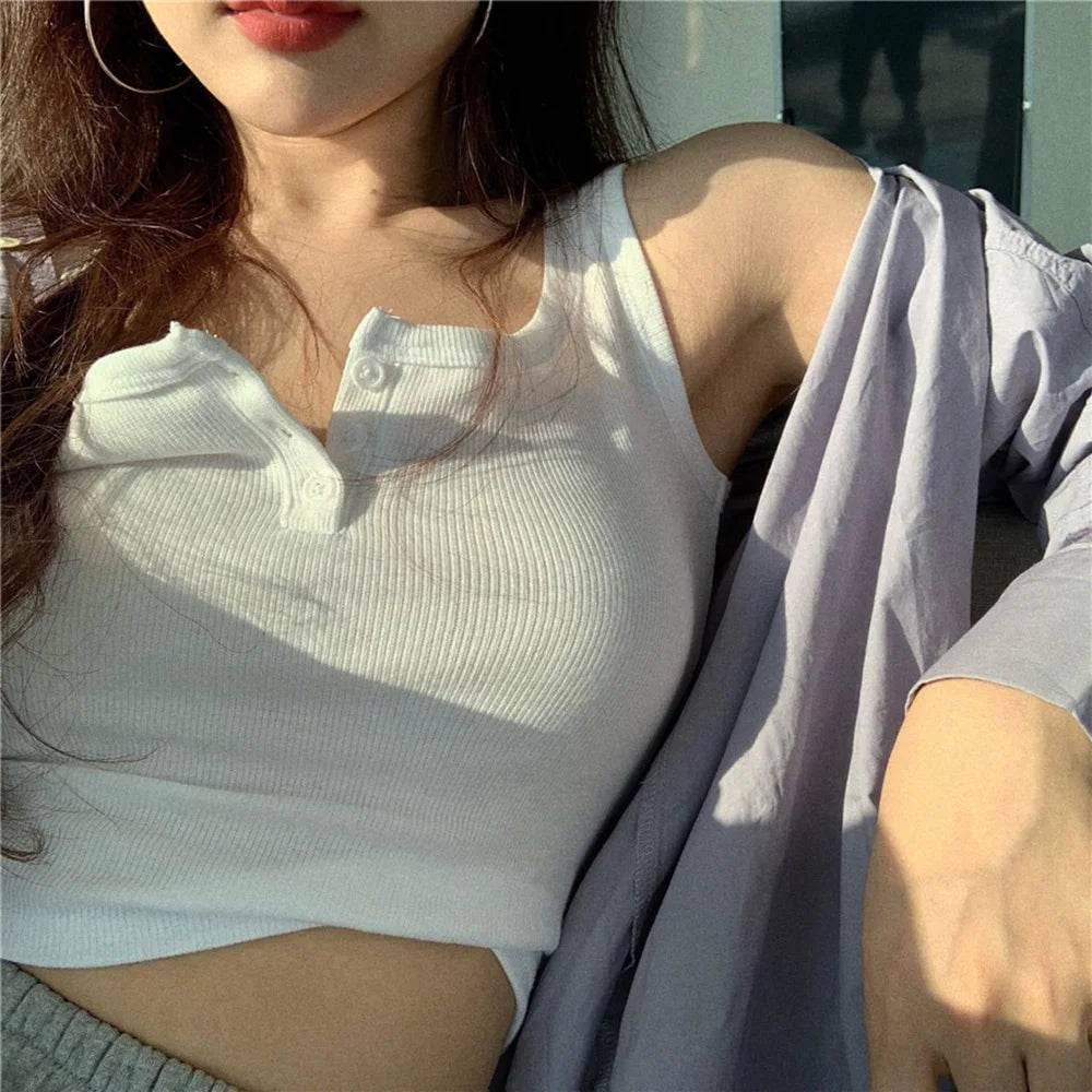 Tank Top for Women Ribbed Button Down Sleeveless Blouse Solid Color Casual Women's Teens Trendy Basic Summer Dresses - AIAZ