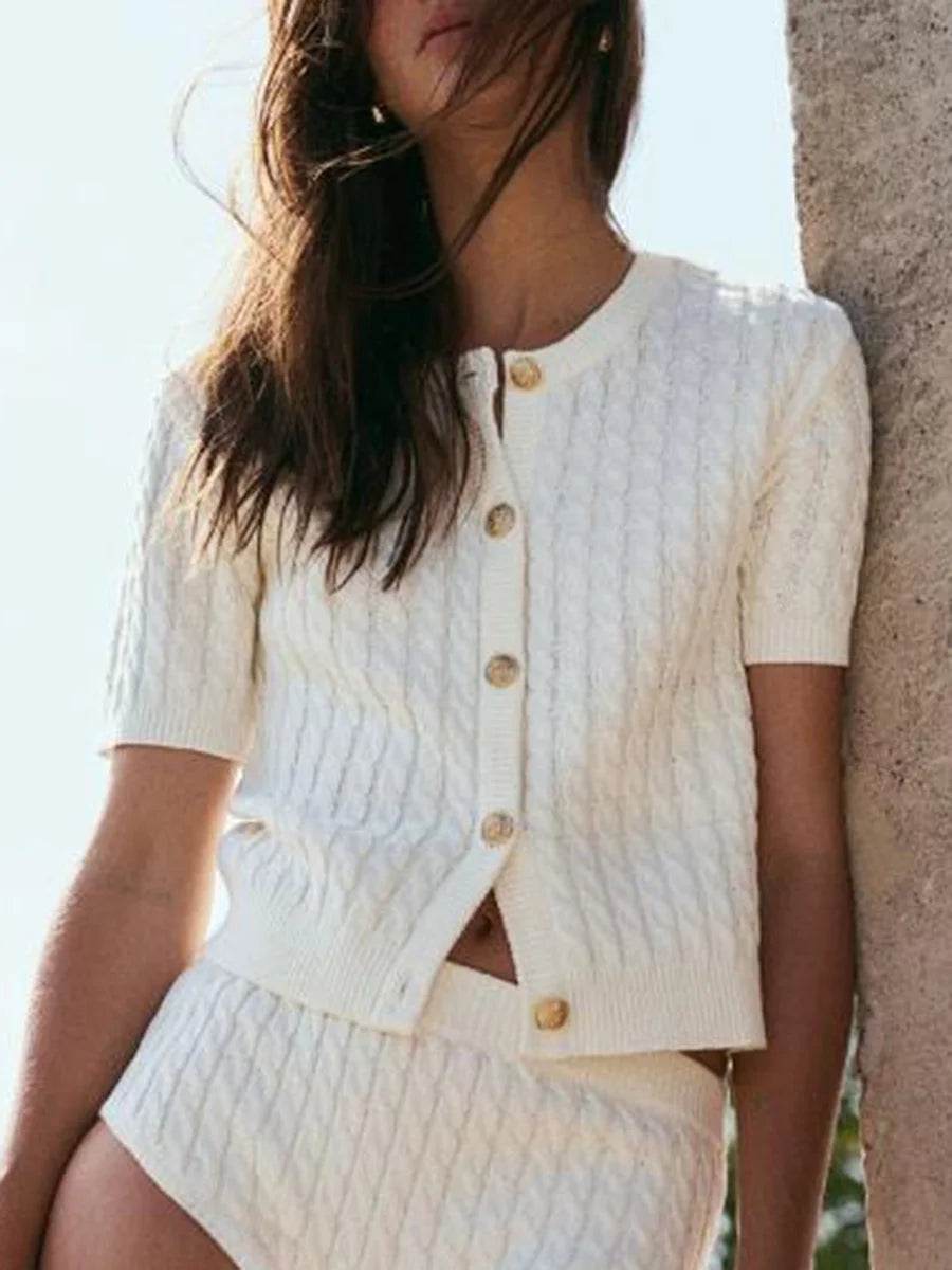 Women's Cable Knit Cardigan Solid Color Round Neck Short Sleeve Button-front Closure Crop Sweaters - AIAZ
