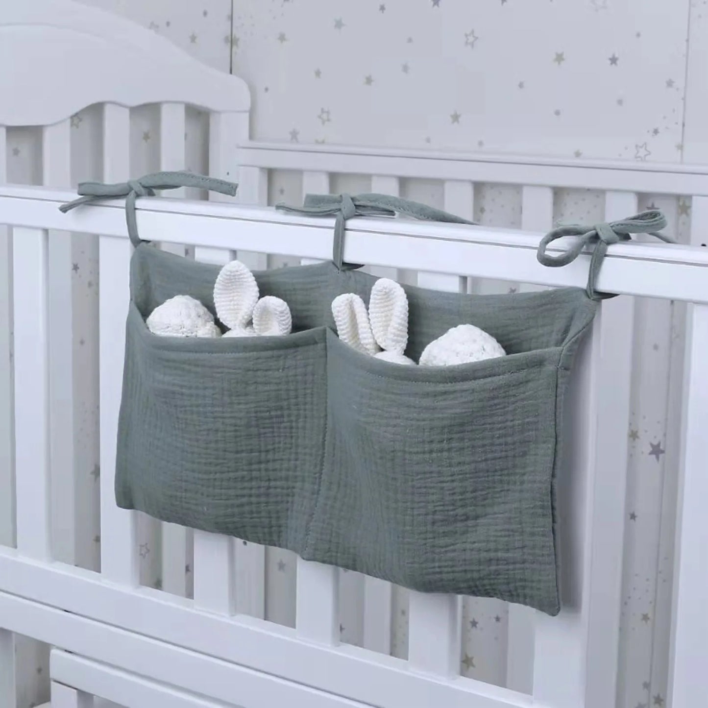 Baby Crib Organizer Cot Caddy Bed Storage Bag 2 Pockets Bedside Hanging Diaper Nursery Organizer for Diapers Toys Clothing