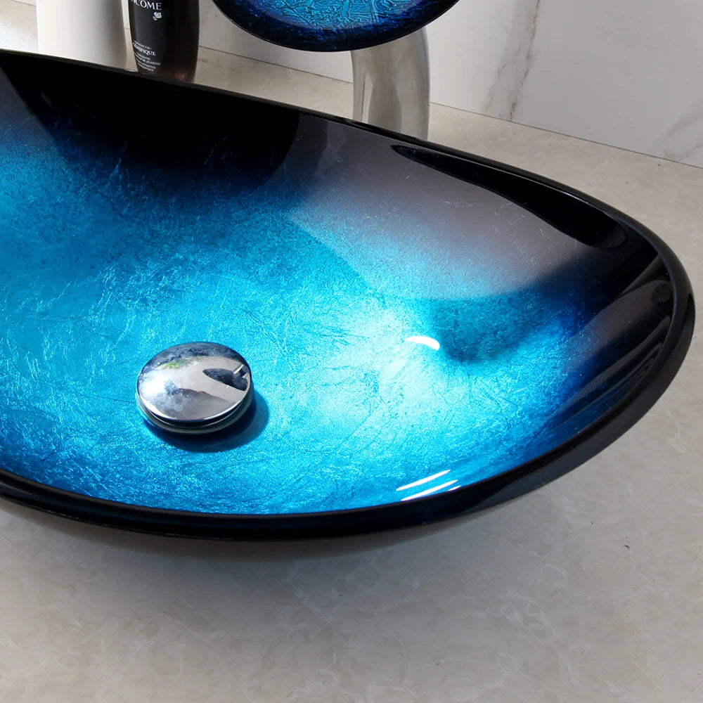 ZAPPO Tempered Glass Bathroom Vessel Sink with Waterfall Black Faucet Tap Bathroom Oval Blue Vessel Sinks Above Counter Basin