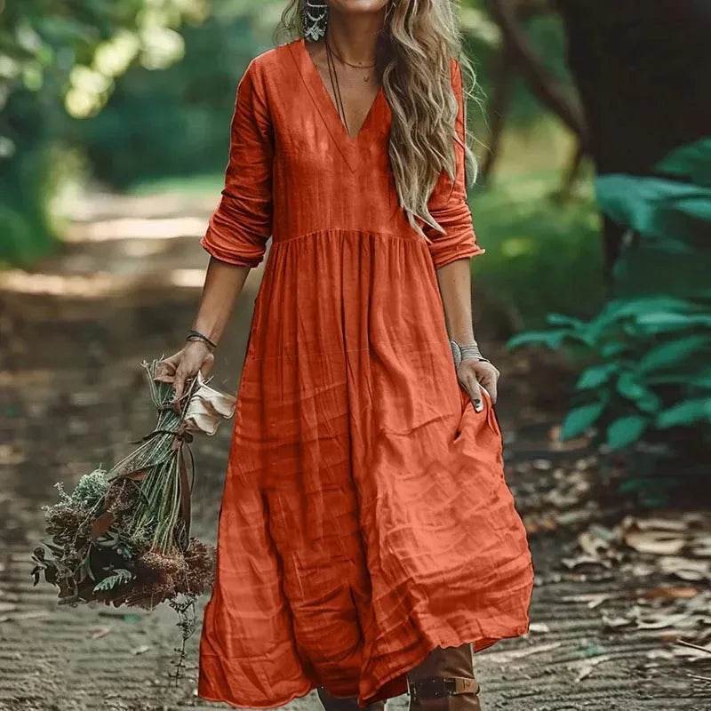 New Cotton Linen Loose Long Dresses For Women Spring Autumn New Casual Long Sleeve V Neck Maxi Dress Women Holiday Party Dress - AIAZ