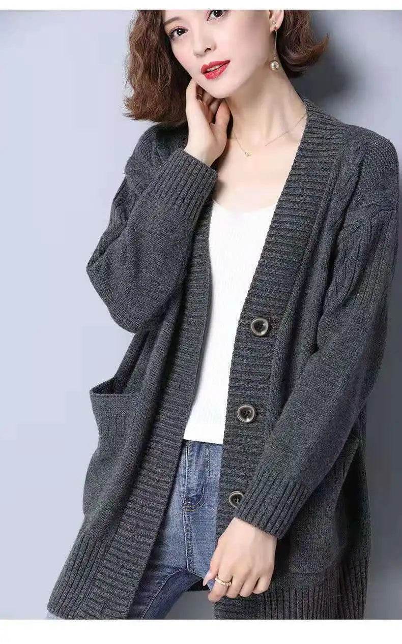 Knitted cardigan women's mid length westernized top autumn and winter new Korean version loose sweater age reducing jacket women - AIAZ