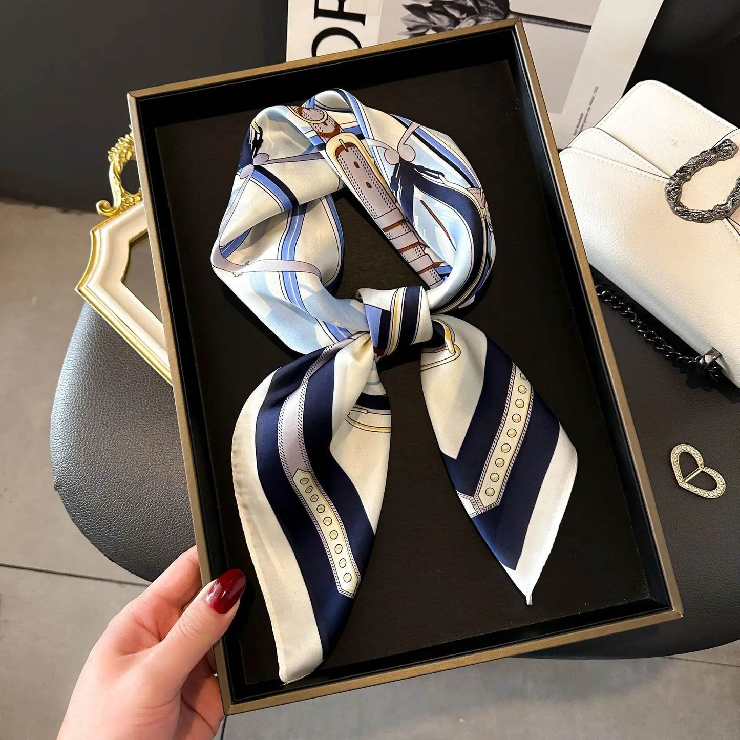 Luxury Chain Print Small Square Scarf Simulated Silk Thin Neck Scarf Fashion Sunscreen Headscarf For Women 70x70cm - AIAZ