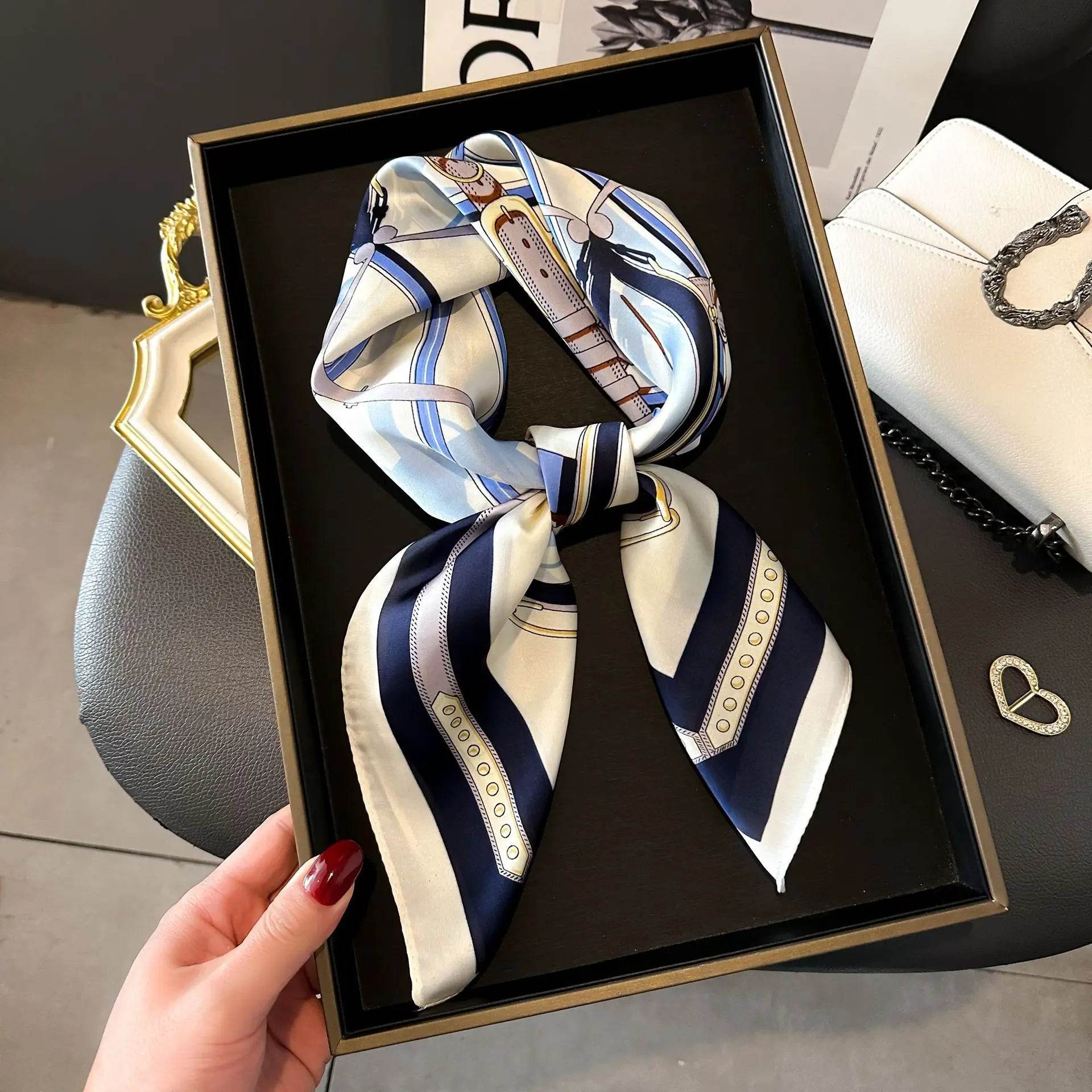 Luxury Chain Print Small Square Scarf Simulated Silk Thin Neck Scarf Fashion Sunscreen Headscarf For Women 70x70cm - AIAZ