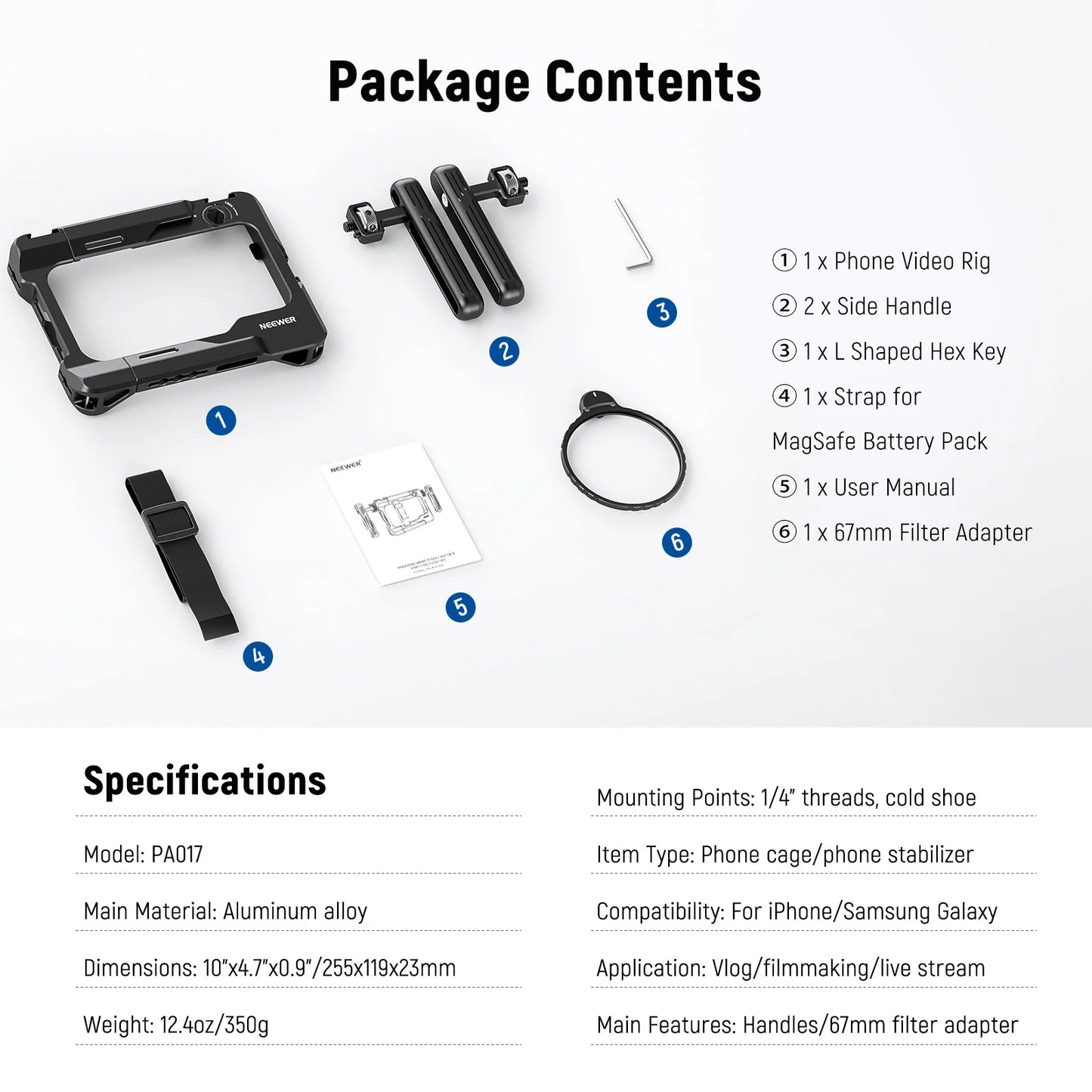 NEEWER Universal Smartphone Video Rig with Handles 67mm Filter Adapter Phone Cage for iPhone 14 13 15 Pro Max Samsung S23 Ultra