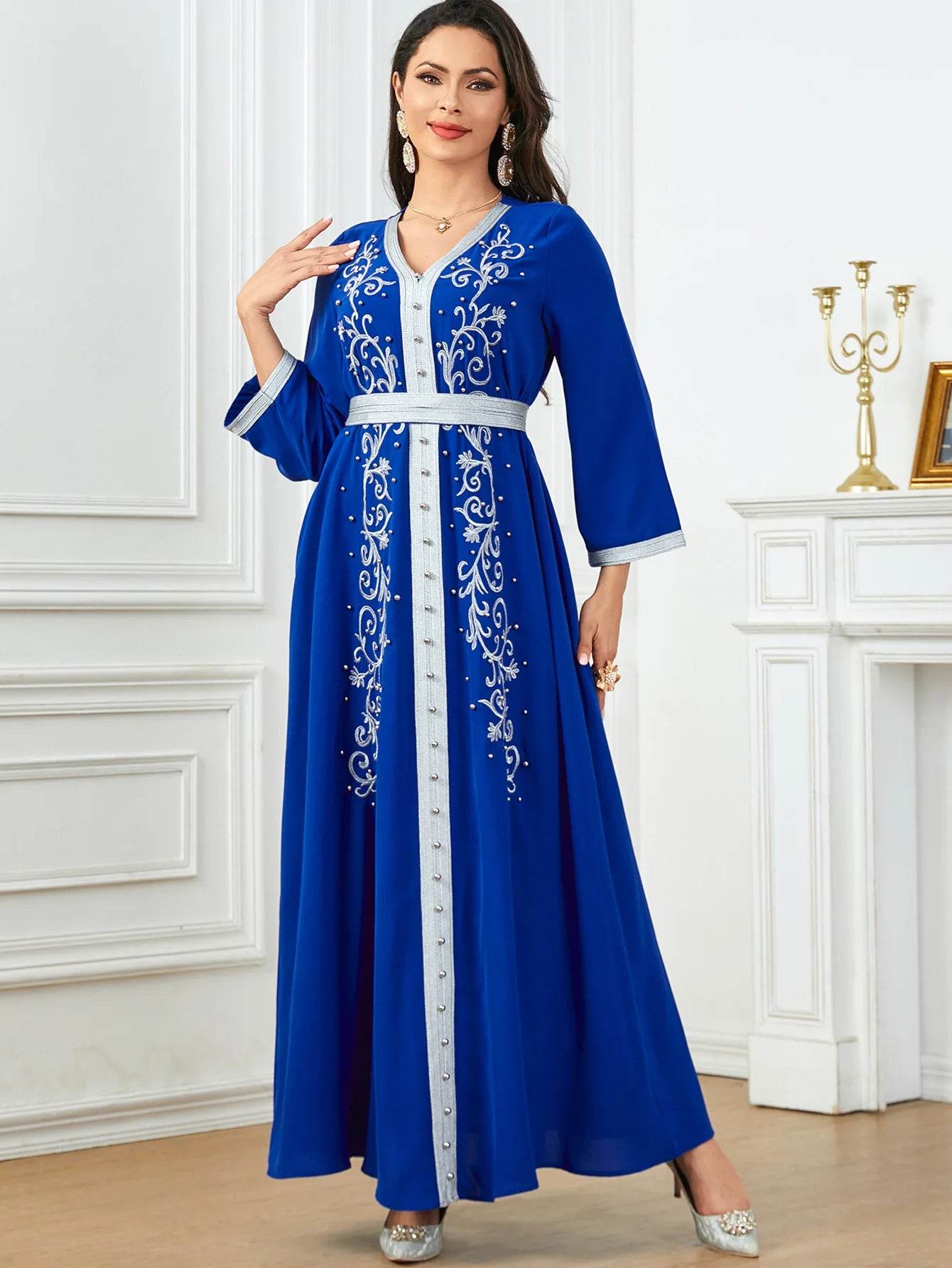 Muslim Fashion Beading Ebroidered Print V-neck long-sleeved Dress Moroccan Islamic Dress With Belt Elegant Party Dress - AIAZ