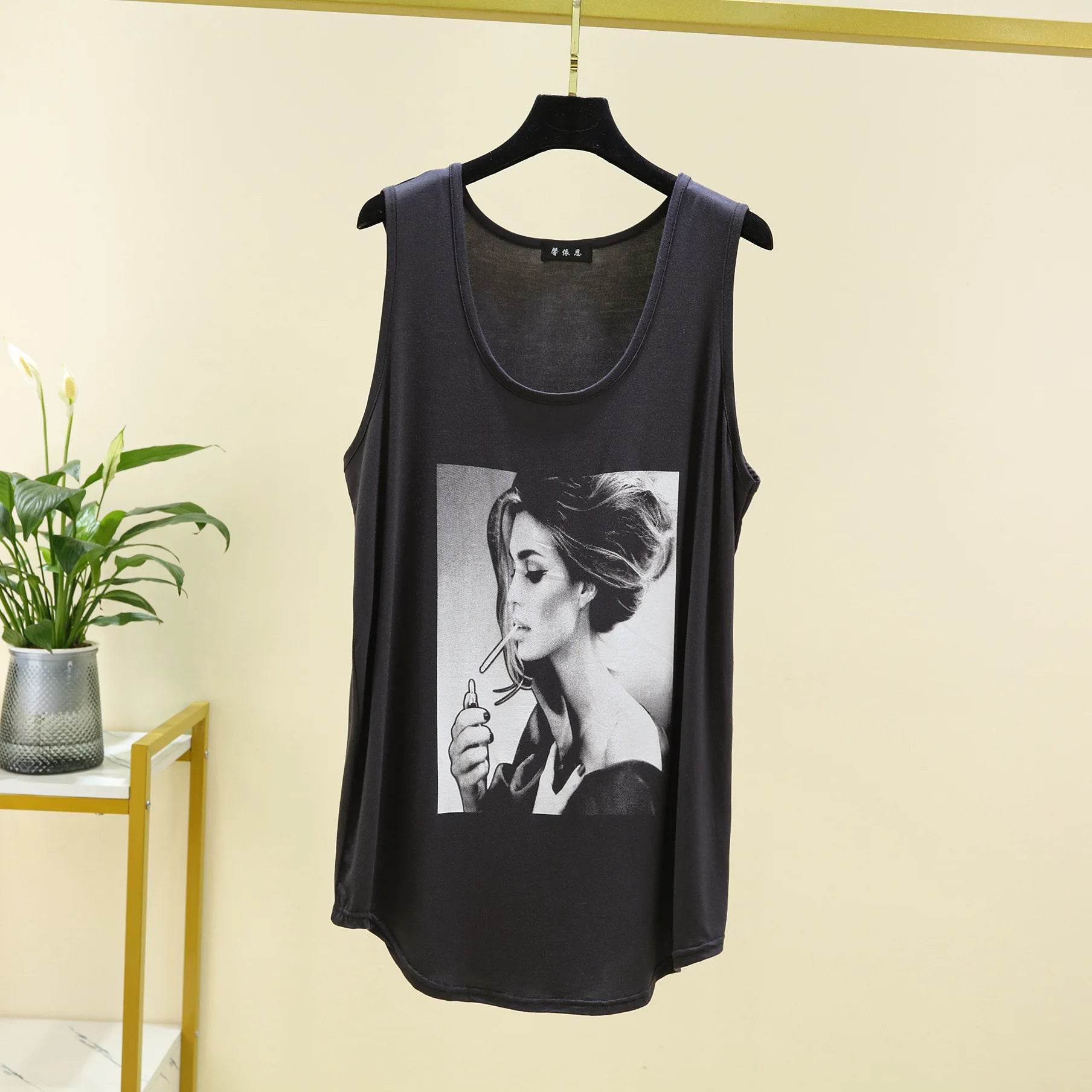 Women Long Tank Tops O-Neck Fashion Print Beauty's Head Casual Loose sleeveless T-shirt streetwear camis tops - AIAZ