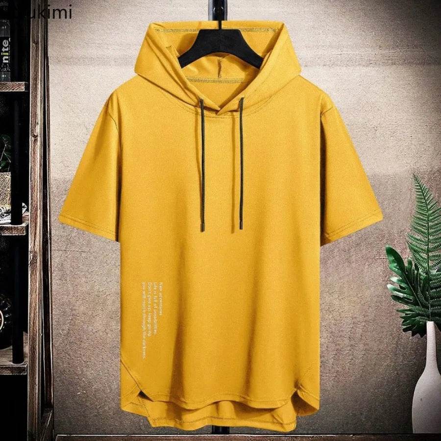 2025 Men's Summer Hoodies T-shirts Short Sleeve Solid Color Loose Hooded Drawstring Pullover Tops Basic Tees for Daily Wear Male - AIAZ