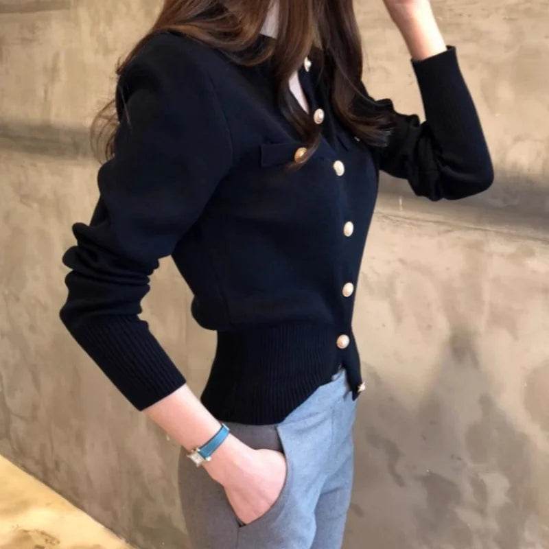 Women's Cardigan Sweater Decorative Pocket Button Solid Color Knitted Single-Breasted Jacket Women's Clothing - AIAZ