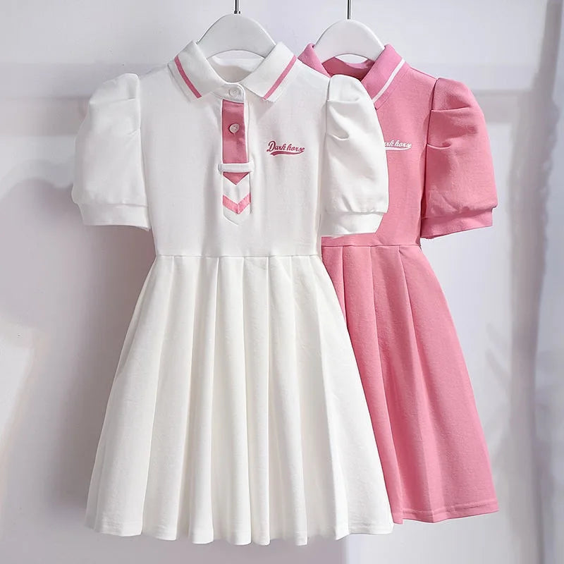 1pcs Summer Children's Dress Girl's Korean Edition Short Sleeves Flip Collar Skirts Pupil Student's Sweet Princess Fashion Dress