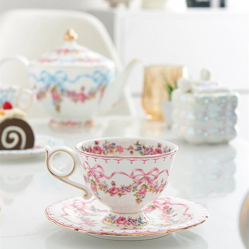 Ceramic Cup and Saucer Retro Bone China Coffee Cup French Romantic Elegant Floral Bow Afternoon Tea Drinkware Handmade Teapot