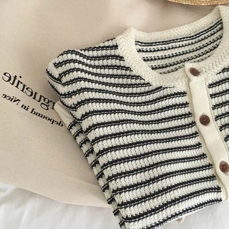 Cardigan Women Summer Breathable Elegant Striped Trendy New Single Breasted Short Sleeve Knitted Jumpers Female O-neck Tender BF - AIAZ
