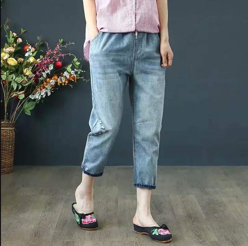 Womens Vintage Floral Loose Denim Pants 2025 Spring Chinese Style Casual Ripped Blue Jeans Holes Elastic Harem Trousers - AIAZ