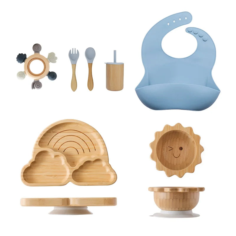7pcs Silicone Baby Feeding Set Baby Feeding Supplies Kids Bamboo Dinnerware With Cup Children's Dishes Bowl Stuff Tableware Gift