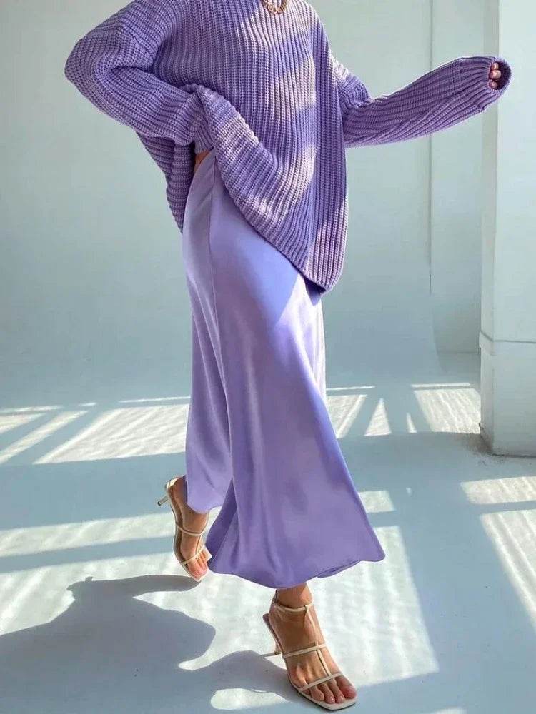 High Waisted Satin Long Skirts for Women Spring/Summer New 2025 Women's Skirt A-line Fashion Elegant Slim Fit Grey Black Skirt - AIAZ