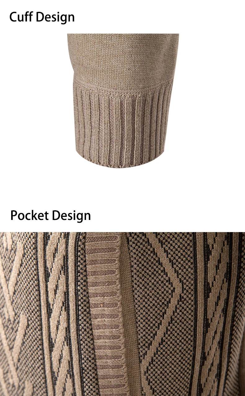 Thickened jacket men's autumn and winter warm trend line stand collar knitted cardigan sweater coat - AIAZ