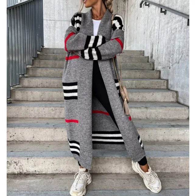 Women Sweater Spring Autumn Cardigan Coats Casual Stripes Knitted Cardigan Clothes Women Oversized Cardigan Long Sweater Coat - AIAZ