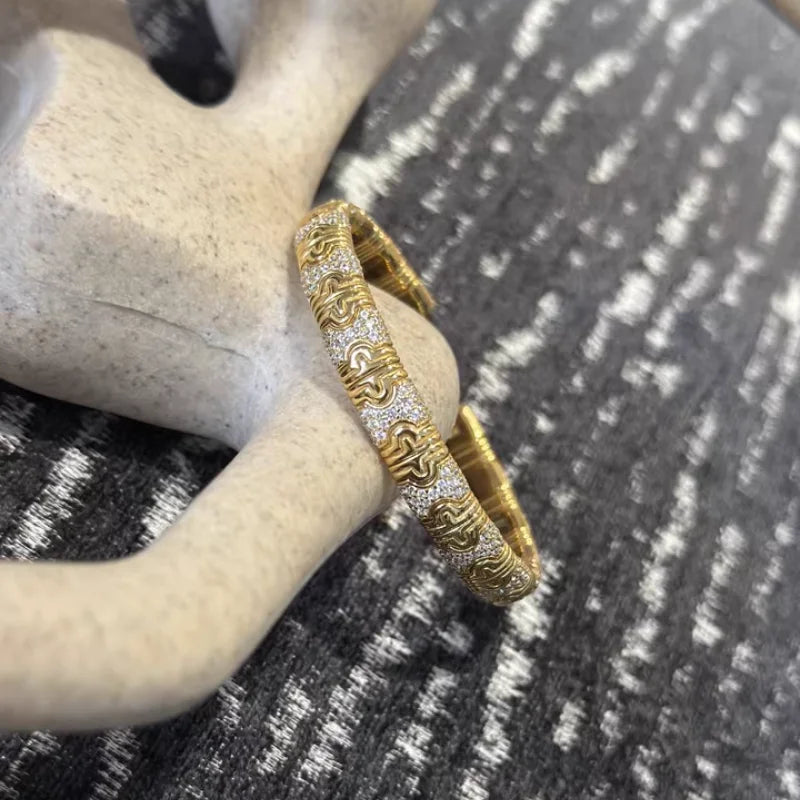 BELLUX Vintage Luxury Bracelet 925 Silver Gold Plated Full Diamond Distinctive Snake Open Bangle Unisex Jewelry
