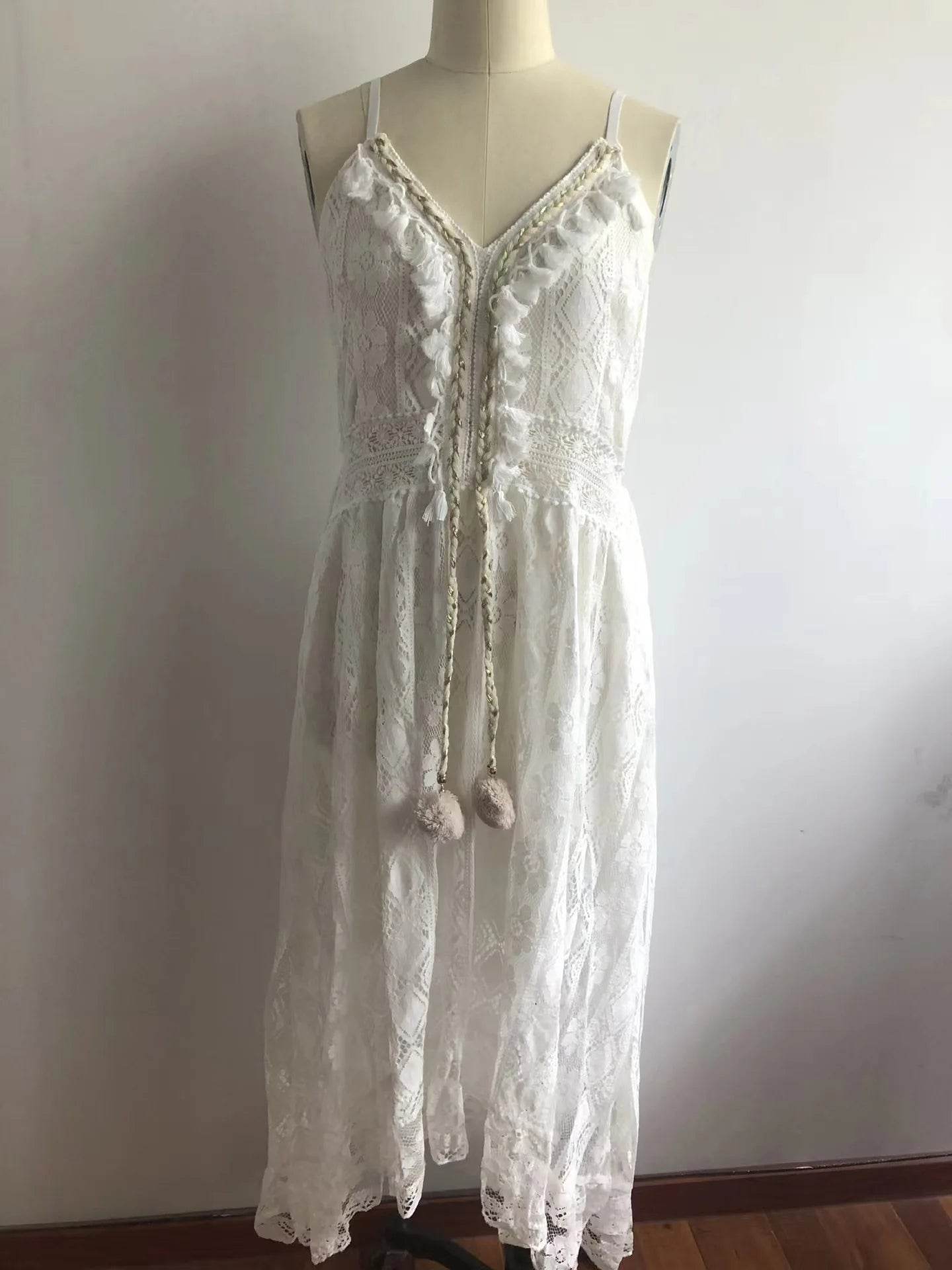 Women's Dress White Hollow Out Cotton Sundress Lace Sleeveless Long Splicing Summer Party Elegant Evening Woman Skirt Clothing - AIAZ