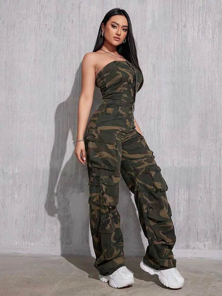 REDDACHiC Camouflage Button Front Denim Tube Jumpsuit Women Retro Y2k Function Pockets Sleeveless One-piece Overalls Work Wear - AIAZ
