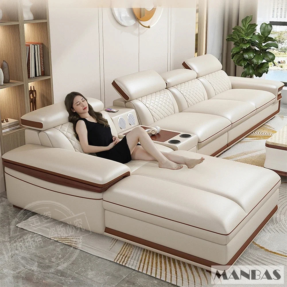 MINGDIBAO Premium Italian Genuine Leather Sofa Set for Living Room with Adjustable Headrests and Built-in Bluetooth Speaker, USB