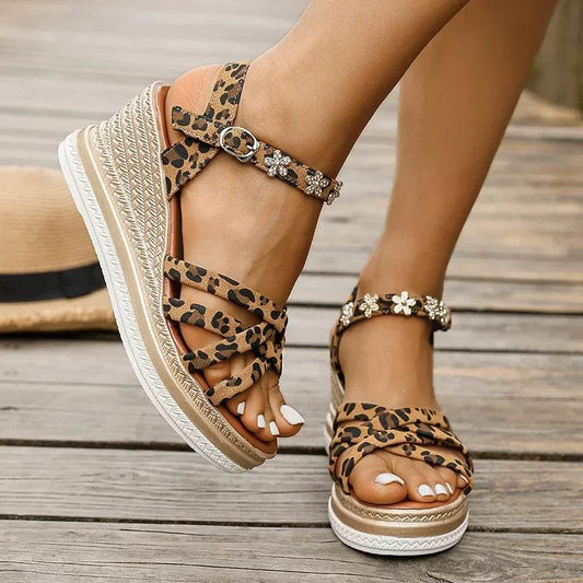 2025 Leopard Print Wedge Heel Sandals Women Fashion Crystal Flowers Thick Bottom Sandalias Mujer High Heeled Platform Sandles 43 - AIAZ