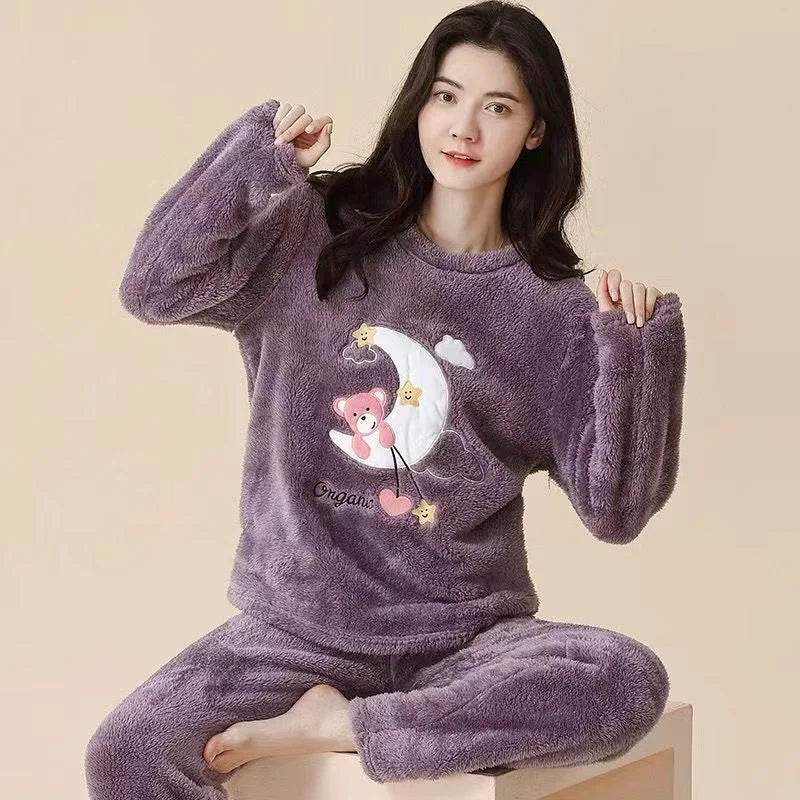 Women Pajamas Autumn Winter Flannel Warm Woman Sleepwear Korean cute Cartoon Pajama Set Fashion Pijama Mujer Home Cloth Pyjamas - AIAZ