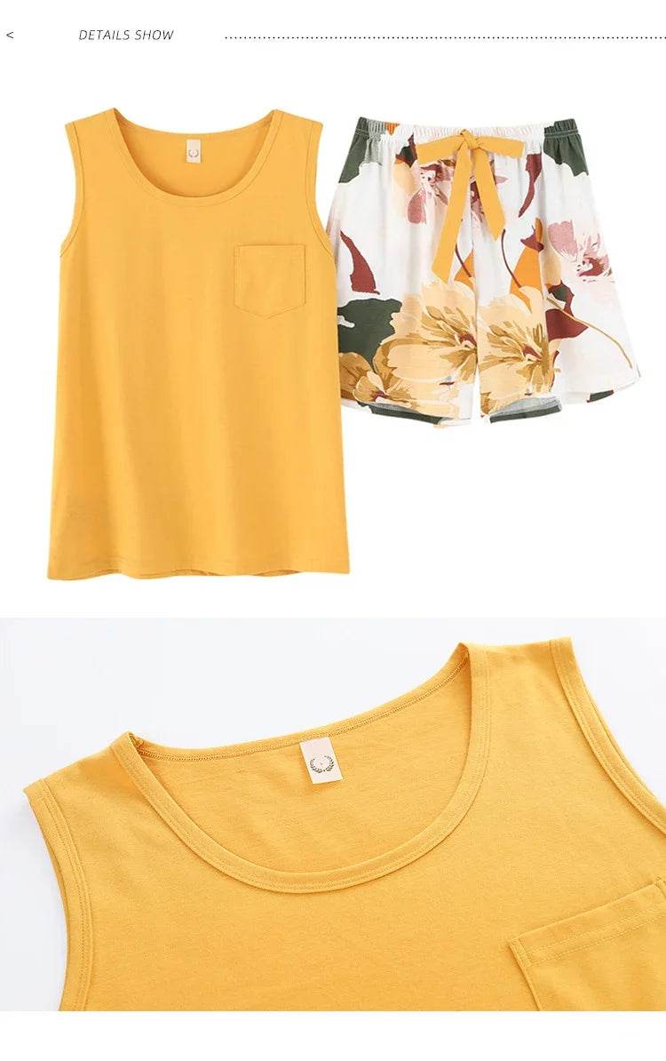 New women's pajamas set summer Cotton solid color top print shorts sleepwear Korean kawaii home clothes pijama two piece set - AIAZ