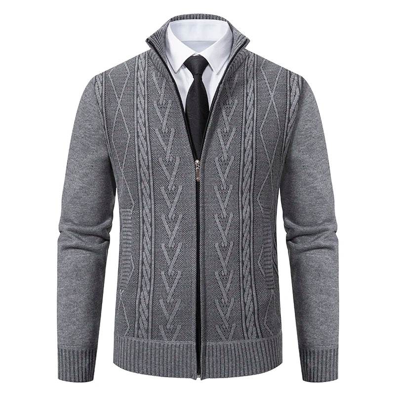 Thickened jacket men's autumn and winter warm trend line stand collar knitted cardigan sweater coat - AIAZ