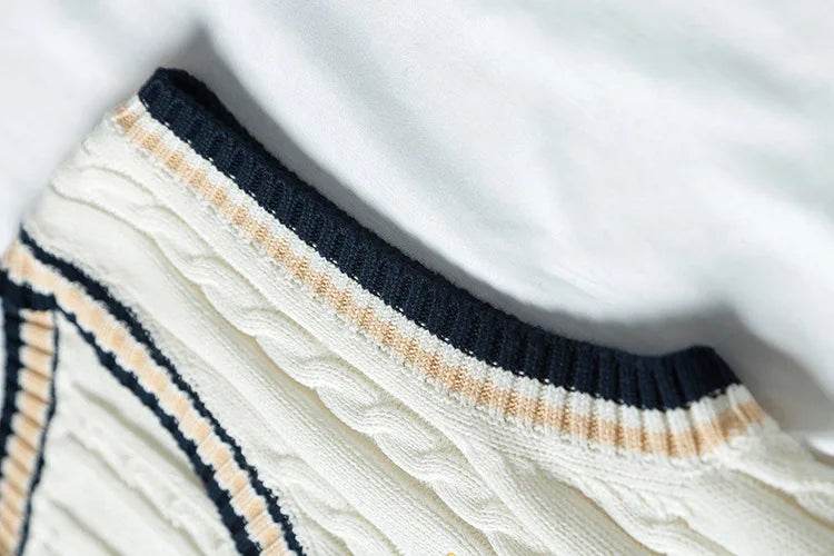 Sweater Vest Men Thicken V-neck Sleeveless Knitted Sweaters Vests Striped Retro Preppy-style Simple Chic Loose Casual All-match - AIAZ