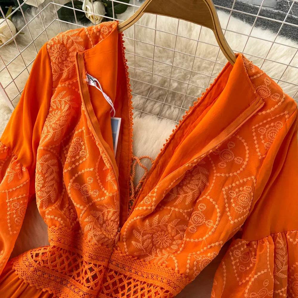 New Women Lantern Sleeved Elegant Dress Summer French Hollowed Out Mid Length Dresses Korean Style Vintage Long Dress - AIAZ