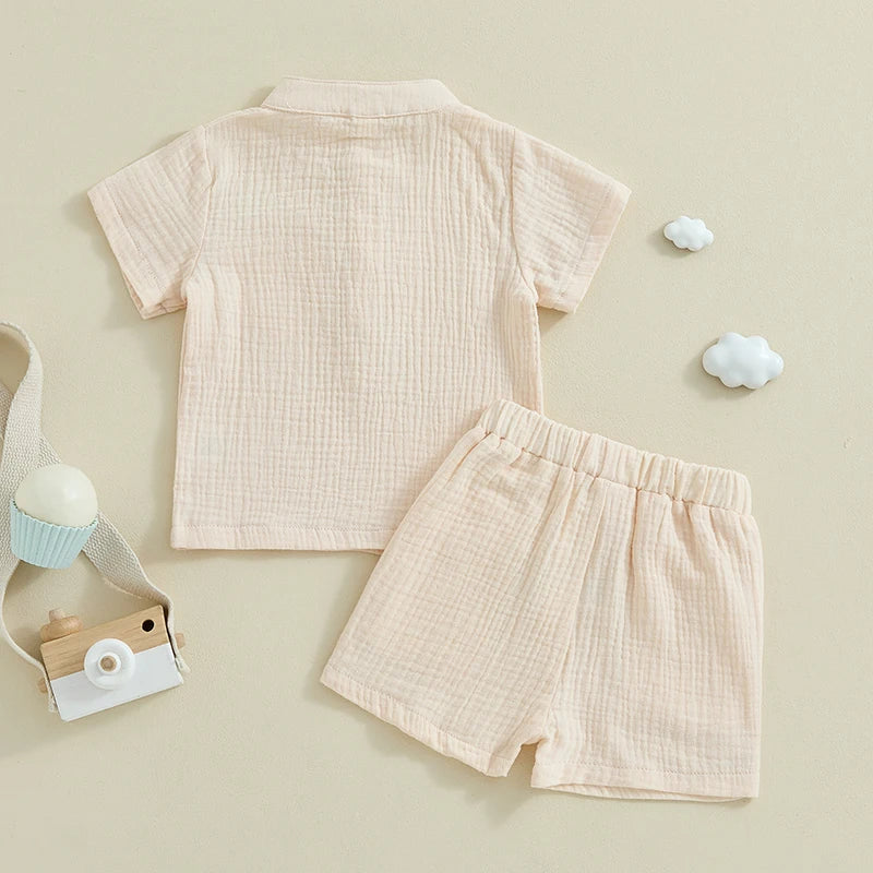 Suefunskry Toddler Boys Summer 2Pcs Casual Outfits Solid Color Short Sleeve Button Tops and Elastic Waist Shorts Sets 6M-4Y