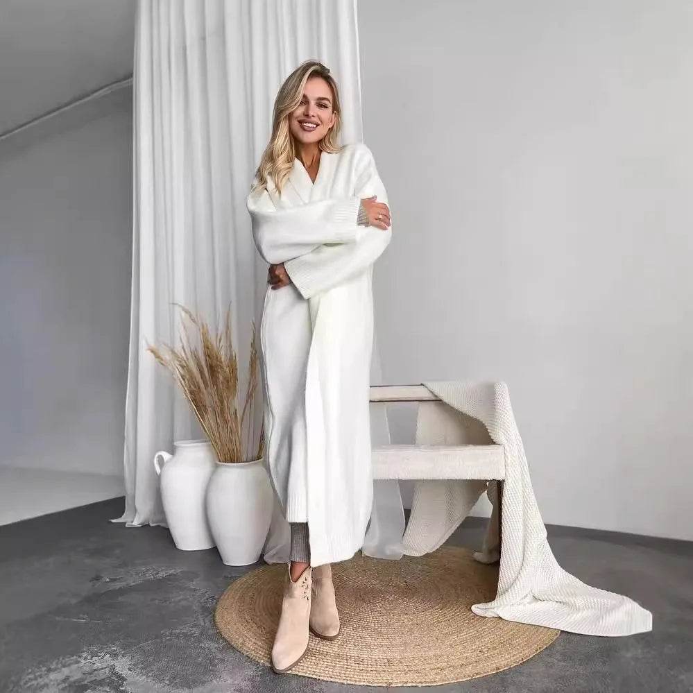 Women's Cardigan Wool Jacket Loose Retro Temperament Elegant Solid Color Collarless Knitted Long Sleeved Cardigan Jacket - AIAZ